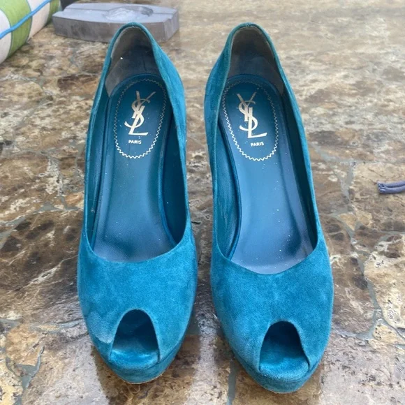 YSL Paris Teal Suede Peep Toe Platform Stilettos Sz 40 USA 9-9,5